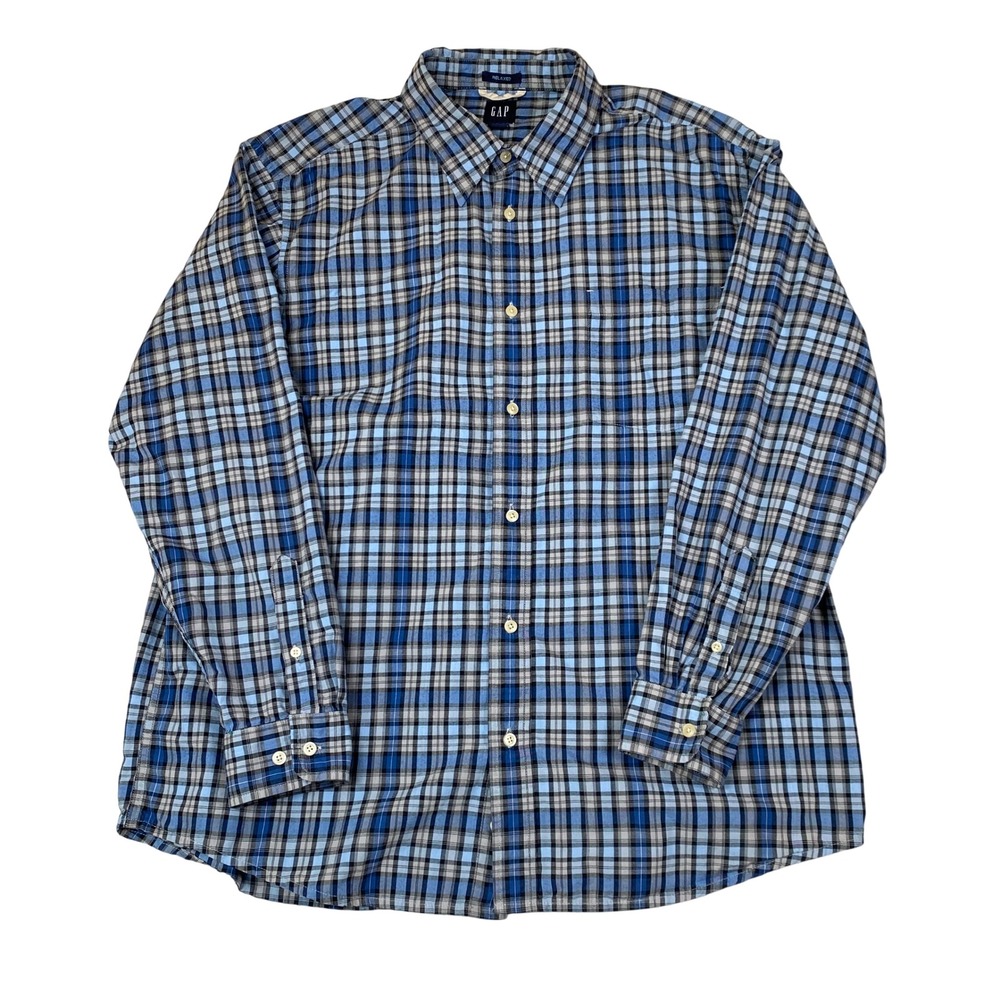 Vintage Y2K GAP Shirt Men XL Blue Plaid Relaxed Fit Button Up Long Sleeve Preppy